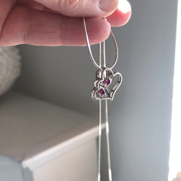 Ruby & Diamond Double-Hearts Necklace, Sterling Silver w/ 24-inch Sterling Chain - Picture 5 of 12
